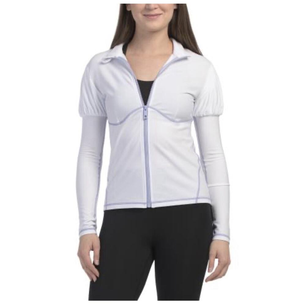NWT Carbon38 White Puff Sleeve Full Zip Top Jacket Lavender Trim Size Small